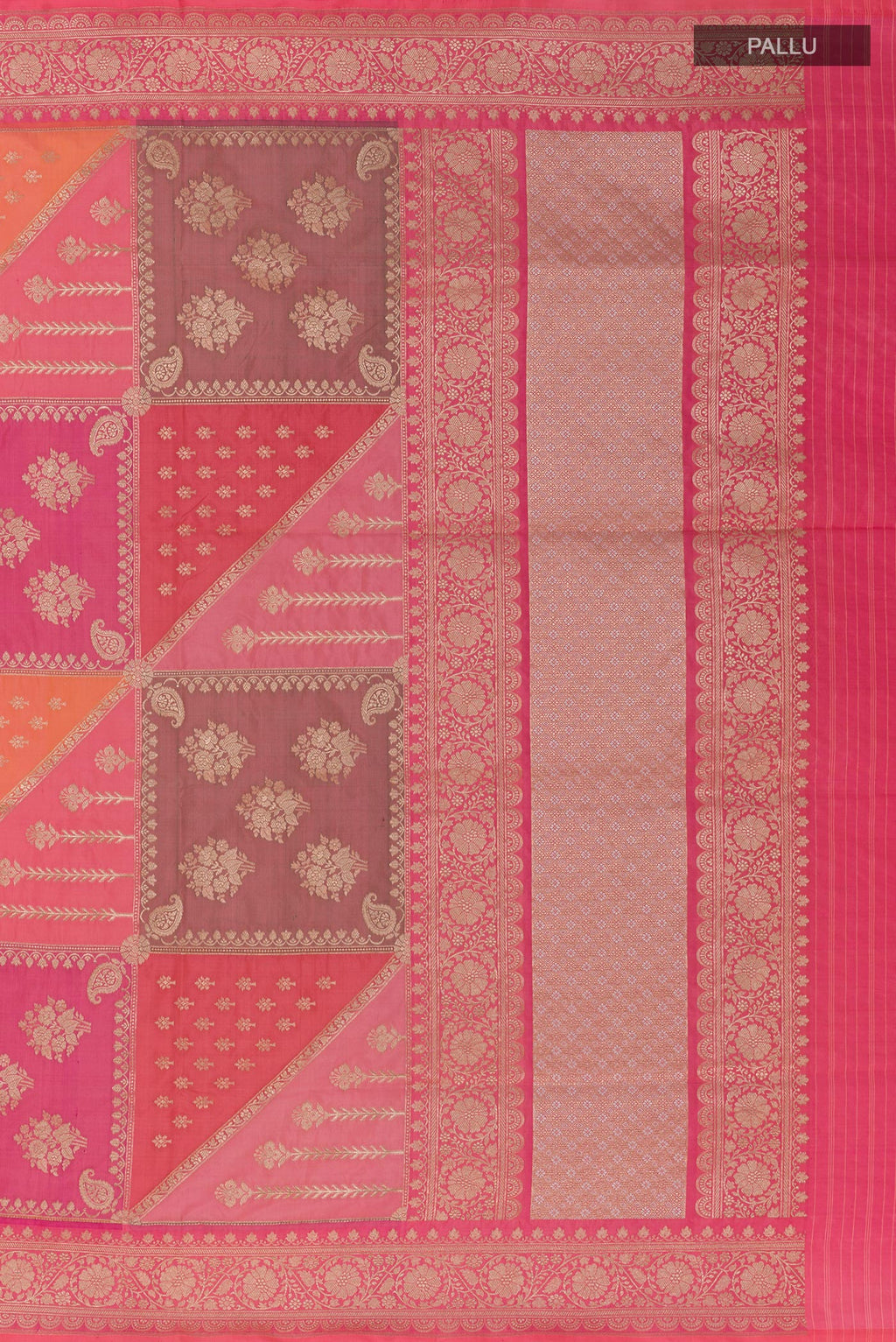 Close up image of the pallu of Pink Banarasi Silk Saree with Zari Brocade on the body and Zari Border. 