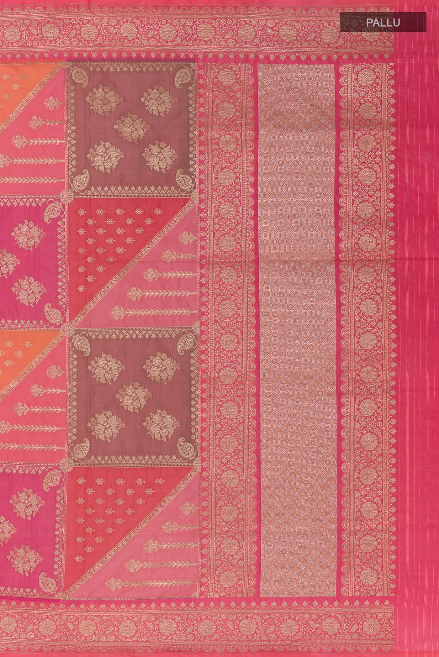 Close up image of the pallu of Pink Banarasi Silk Saree with Zari Brocade on the body and Zari Border. 