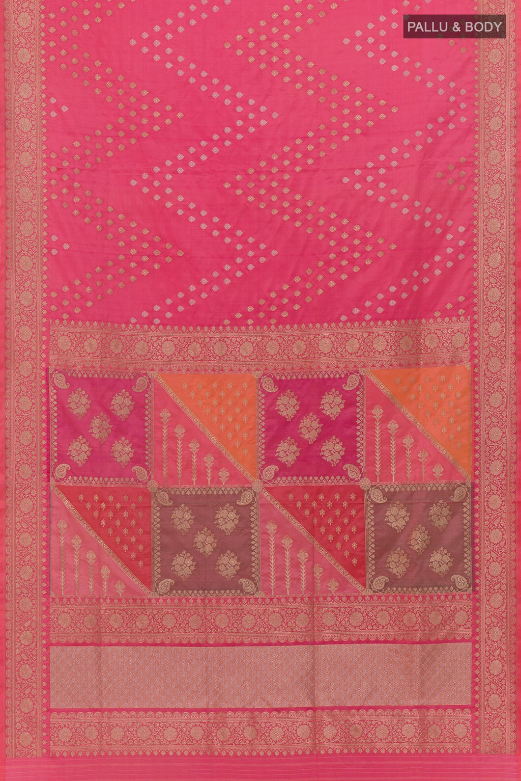 Flat view of Pink Banarasi Silk Saree with Zari Brocade on the body and Zari Border. 