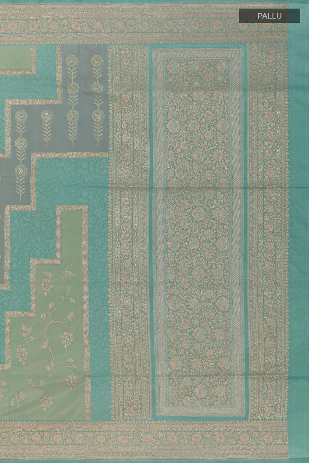 Close up image of the pallu of Multi Color Banarasi Silk Saree with Zari Brocade on the body and Zari Border. 