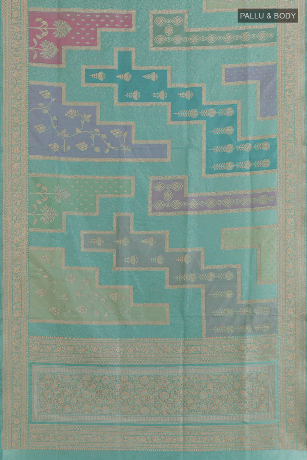 Flat view of Multi Color Banarasi Silk Saree with Zari Brocade on the body and Zari Border. 