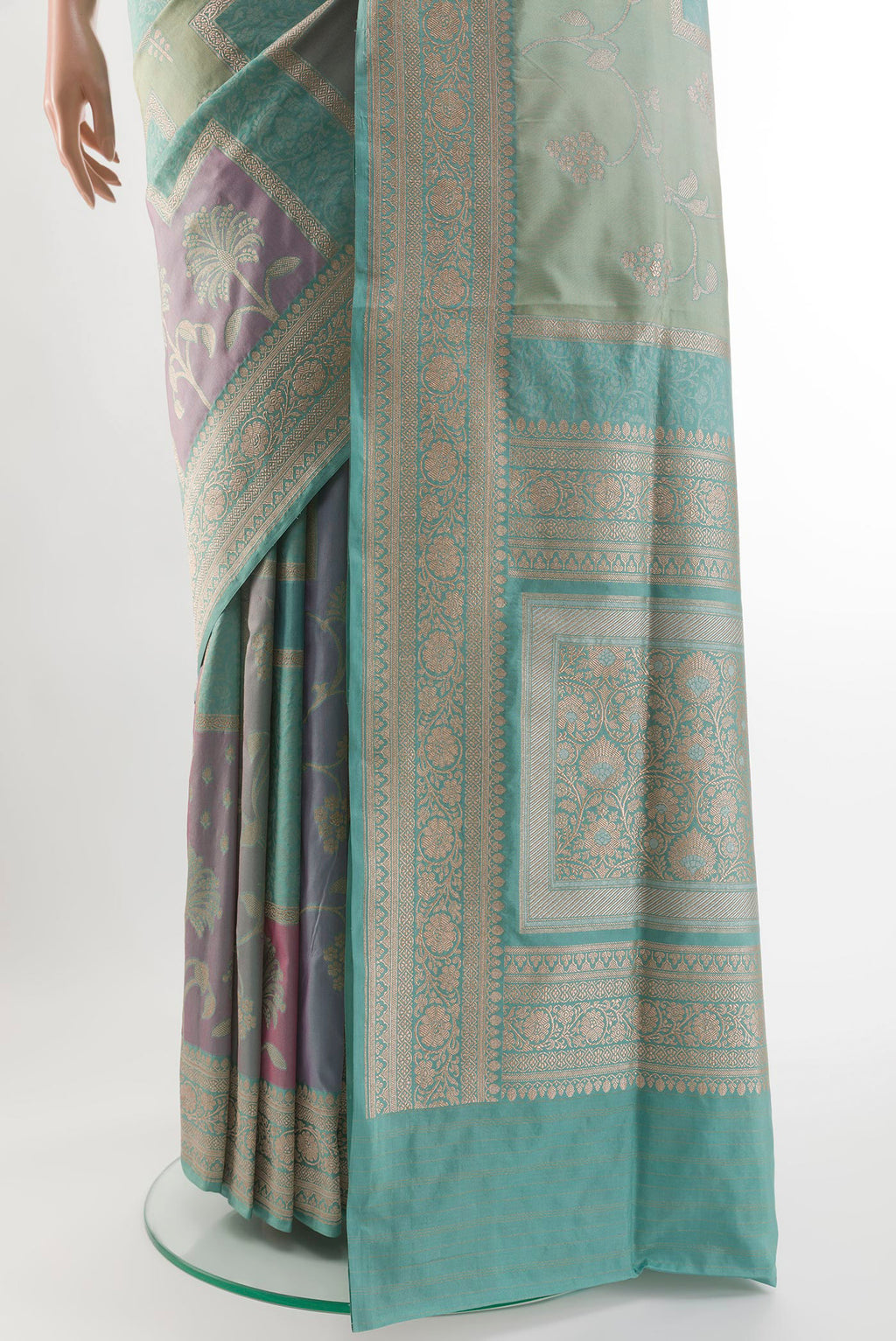 Pleats and pallu of Multi Color Banarasi Silk Saree with Zari Brocade on the body and Zari Border. 