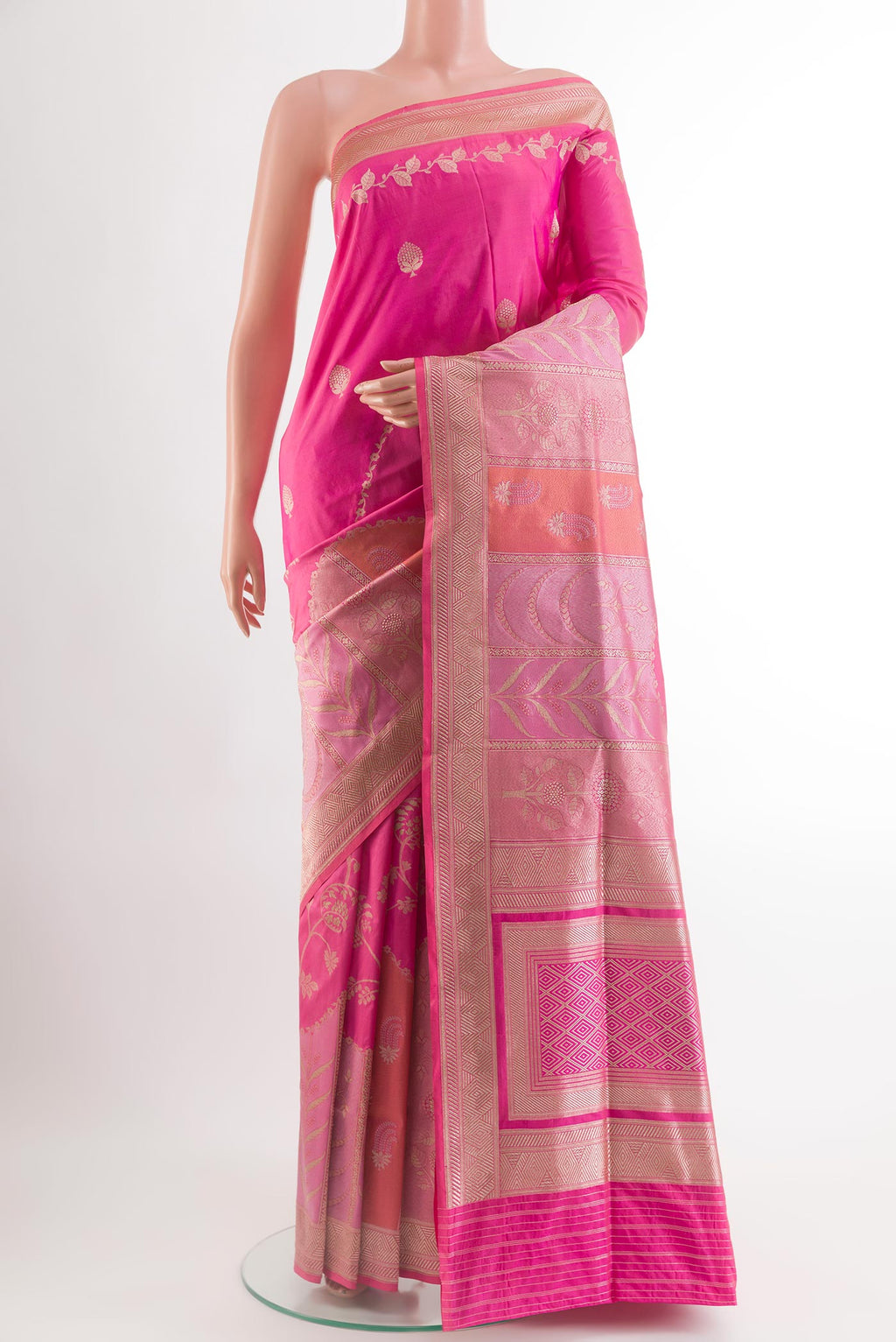 Pink Banarasi Silk Saree with Zari Butta on the body and Zari Border.  displayed on a mannequin