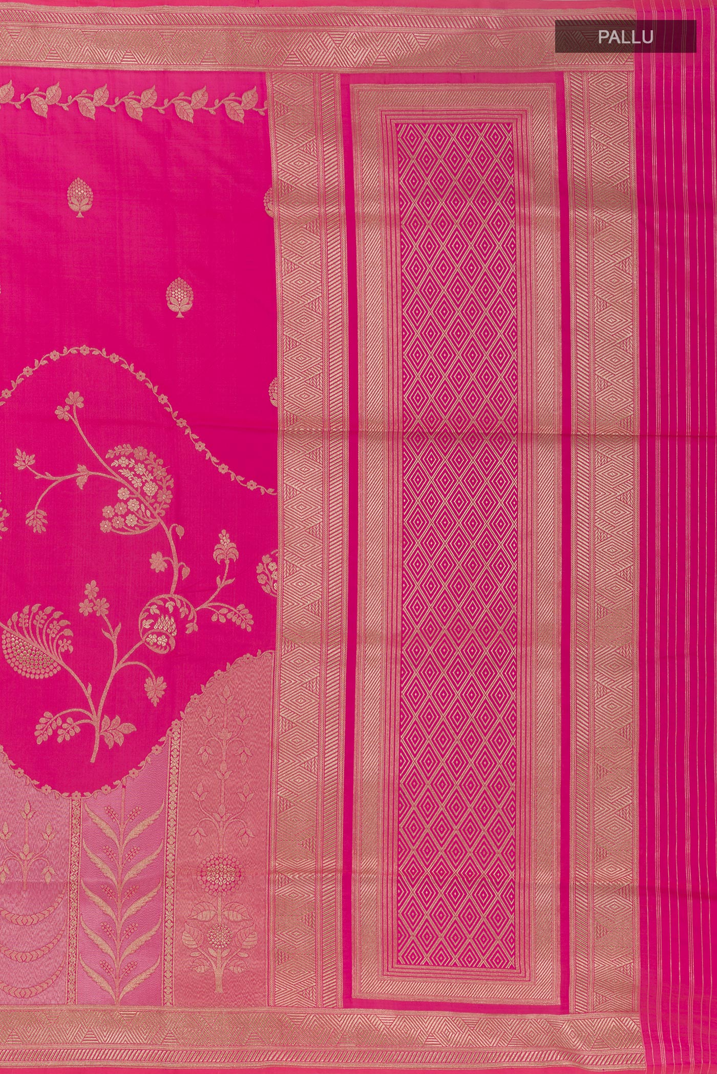 Close up image of the pallu of Pink Banarasi Silk Saree with Zari Butta on the body and Zari Border. 
