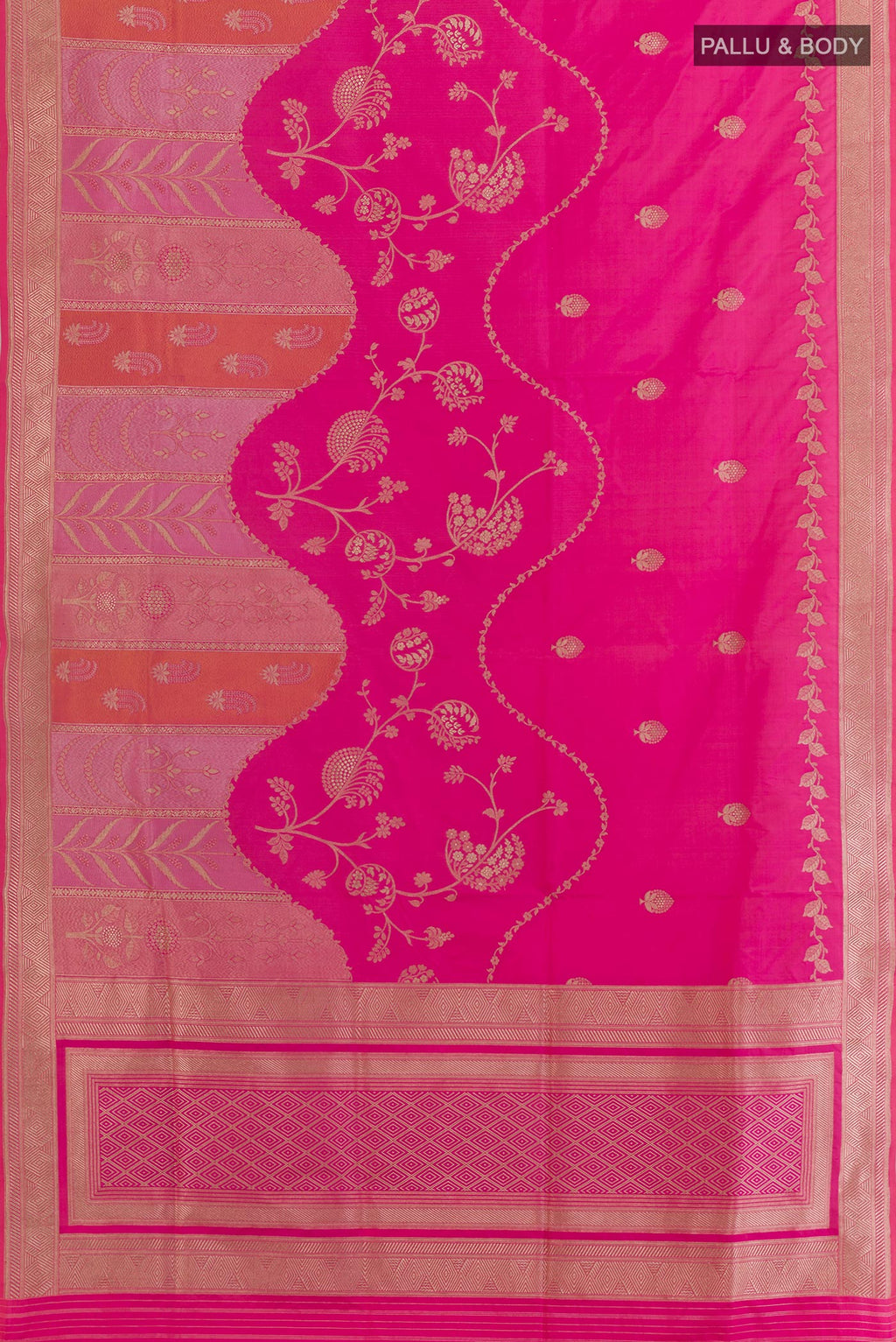 Flat view of Pink Banarasi Silk Saree with Zari Butta on the body and Zari Border. 