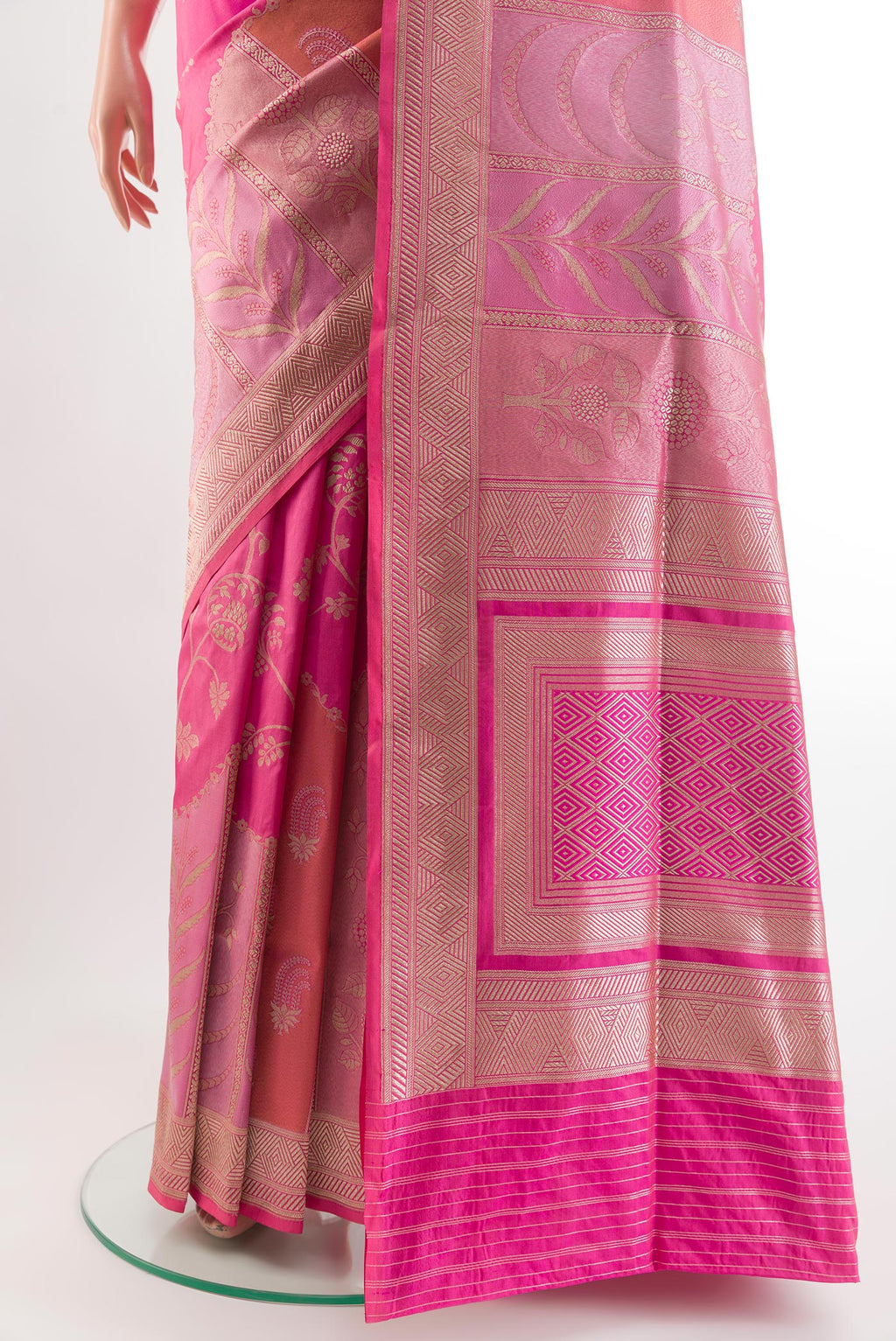 Pleats and pallu of Pink Banarasi Silk Saree with Zari Butta on the body and Zari Border. 