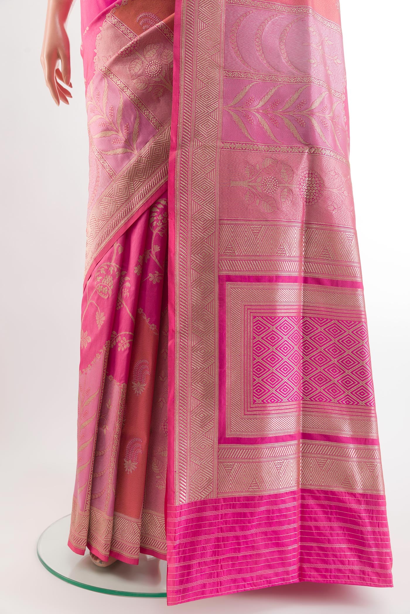 Pleats and pallu of Pink Banarasi Silk Saree with Zari Butta on the body and Zari Border. 