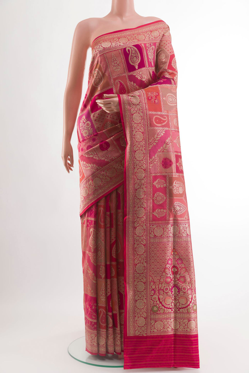 Multi Color Banarasi Silk Saree with Zari Brocade on the body and Zari Border.  displayed on a mannequin
