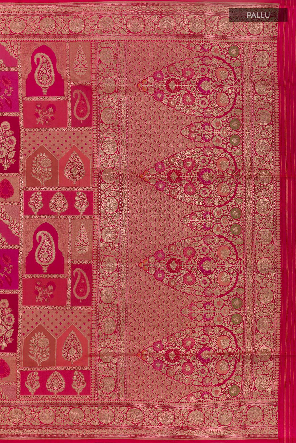 Close up image of the pallu of Multi Color Banarasi Silk Saree with Zari Brocade on the body and Zari Border. 