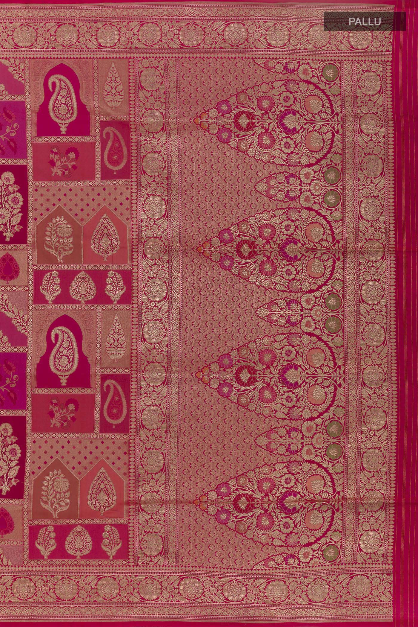Close up image of the pallu of Multi Color Banarasi Silk Saree with Zari Brocade on the body and Zari Border. 