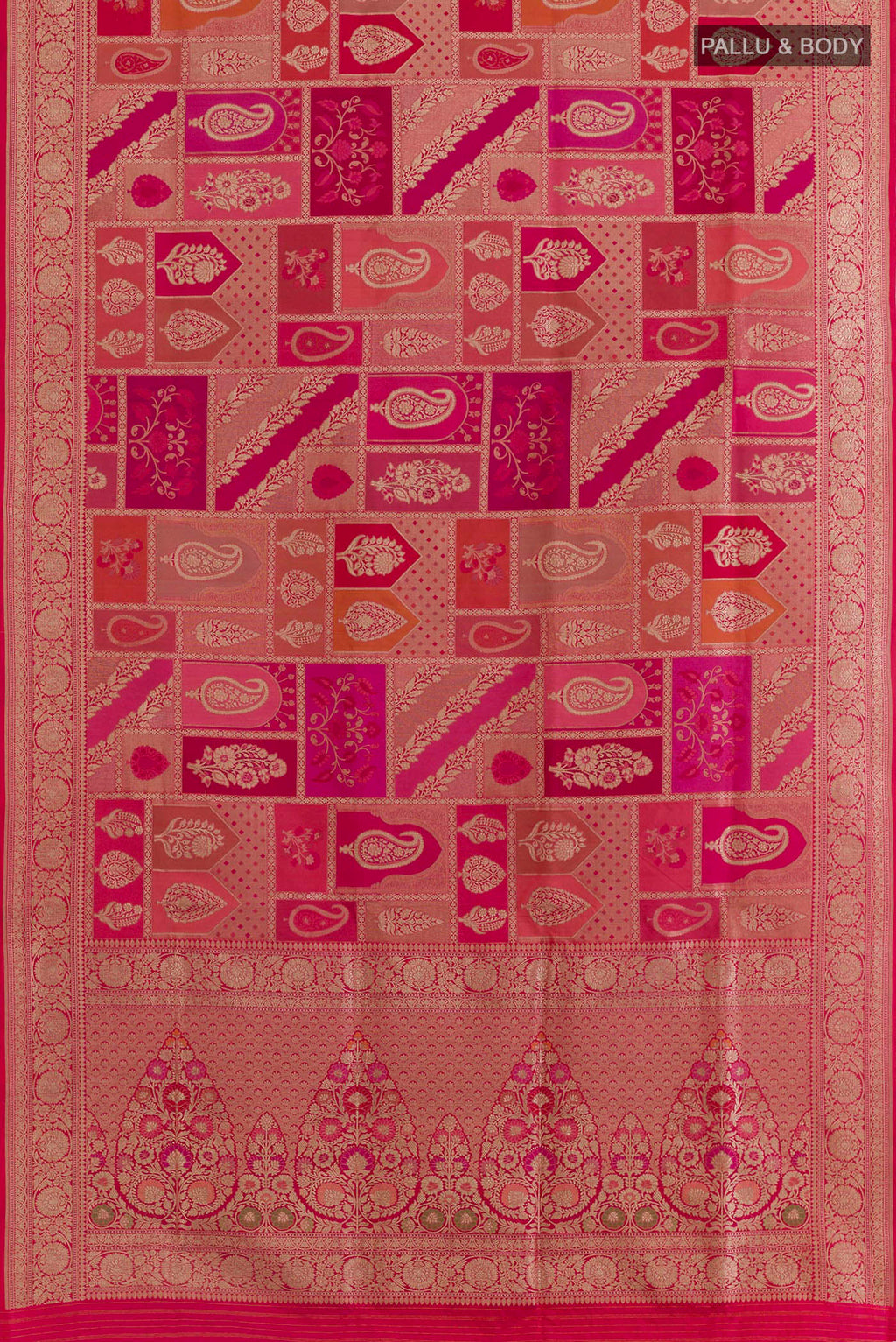 Flat view of Multi Color Banarasi Silk Saree with Zari Brocade on the body and Zari Border. 