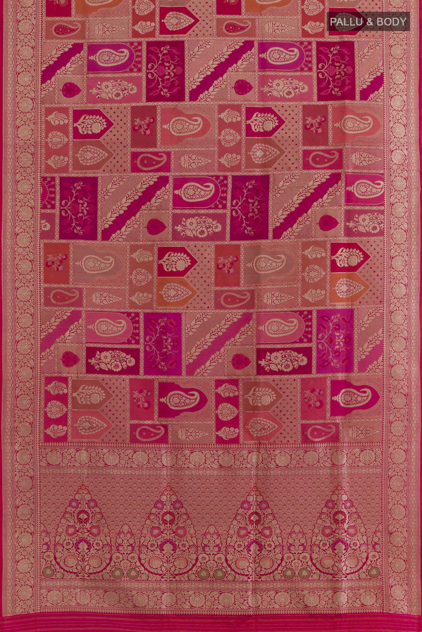 Flat view of Multi Color Banarasi Silk Saree with Zari Brocade on the body and Zari Border. 