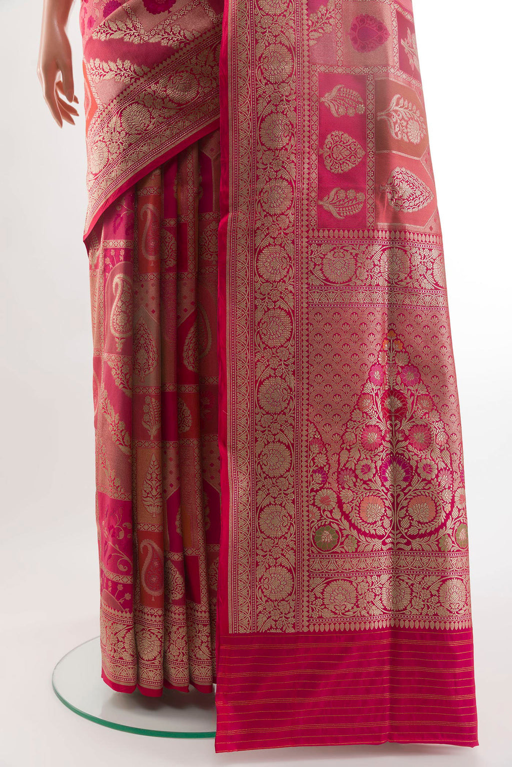 Pleats and pallu of Multi Color Banarasi Silk Saree with Zari Brocade on the body and Zari Border. 