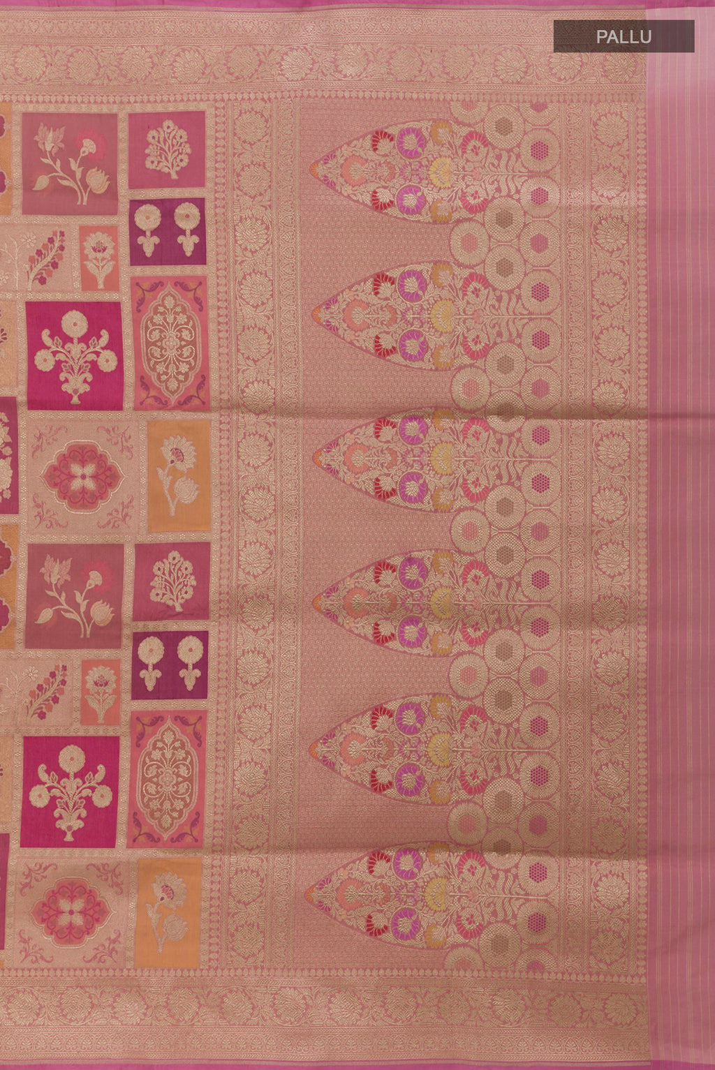 Close up image of the pallu of Rose Gold Banarasi Silk Saree with Zari Brocade on the body and Zari Border. 