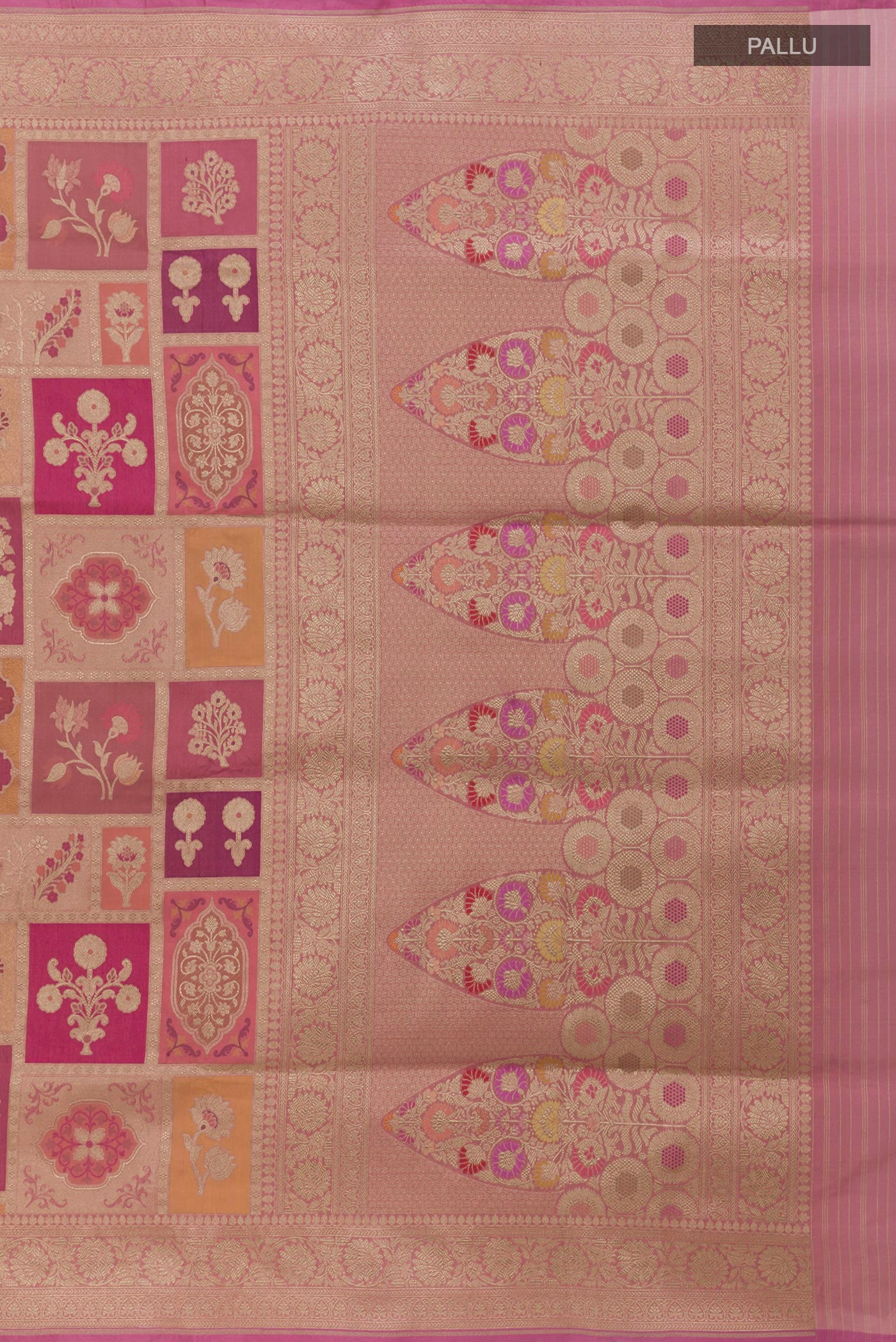 Close up image of the pallu of Rose Gold Banarasi Silk Saree with Zari Brocade on the body and Zari Border. 
