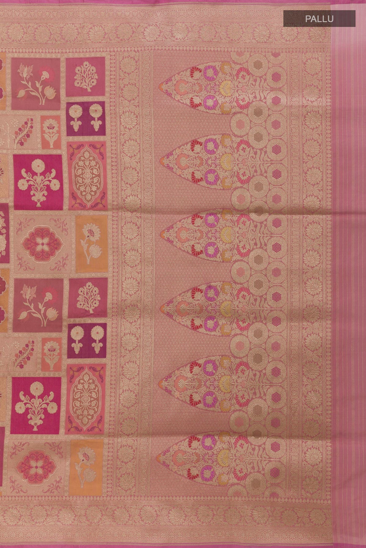 Close up image of the pallu of Rose Gold Banarasi Silk Saree with Zari Brocade on the body and Zari Border. 