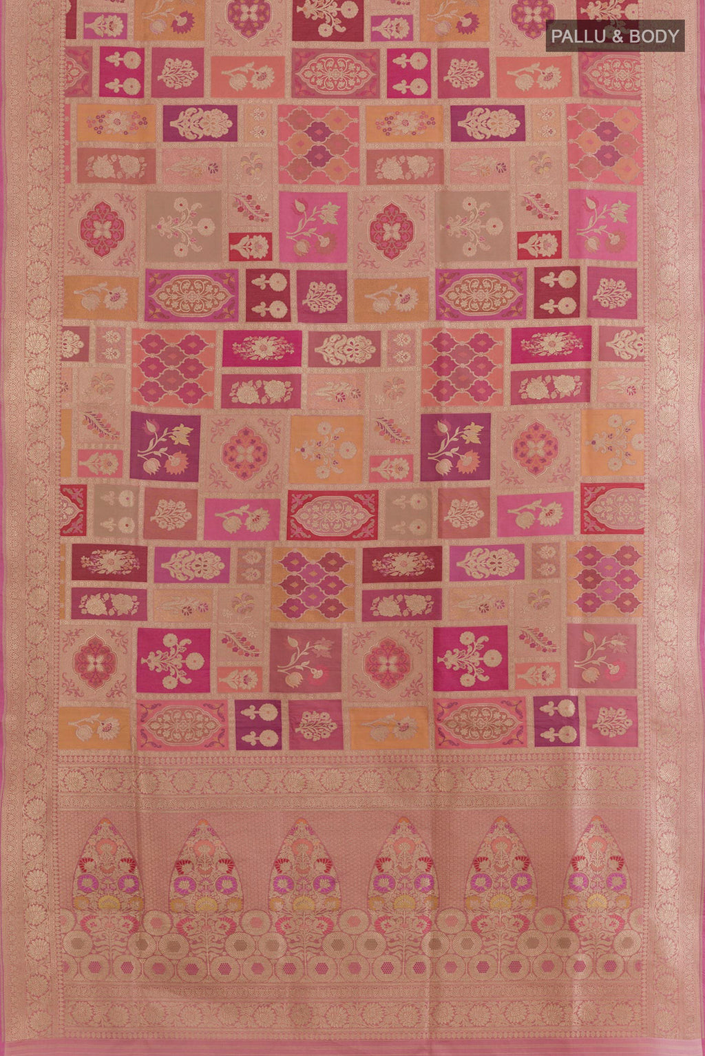 Flat view of Rose Gold Banarasi Silk Saree with Zari Brocade on the body and Zari Border. 