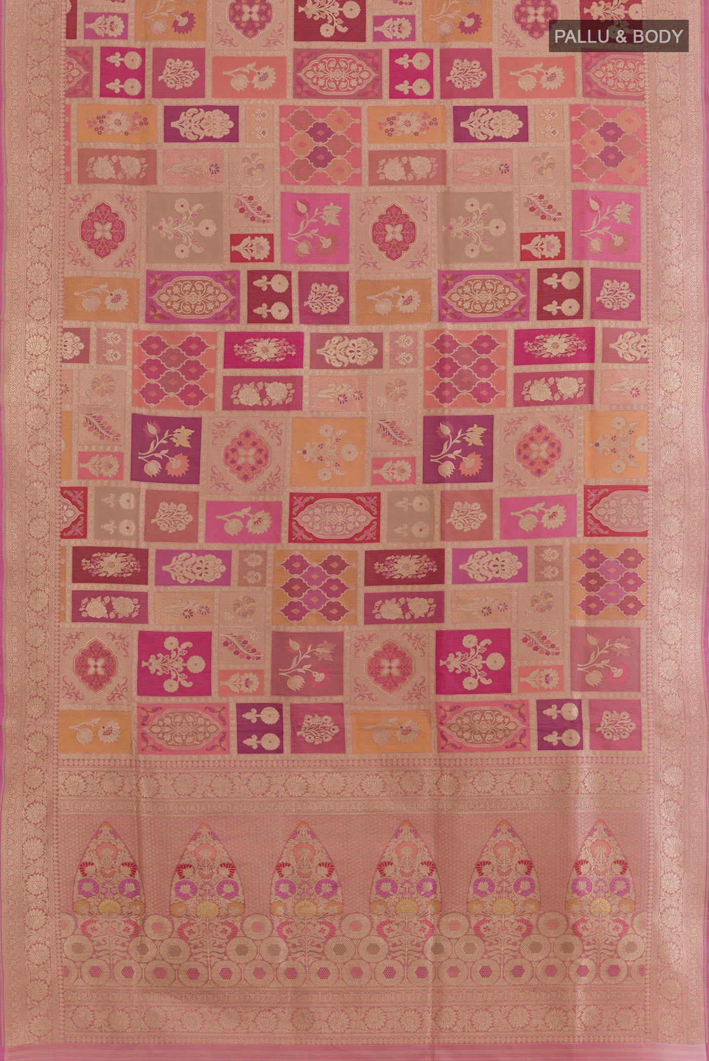 Flat view of Rose Gold Banarasi Silk Saree with Zari Brocade on the body and Zari Border. 