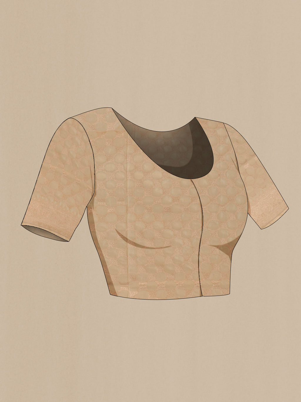 Close up image of the blouse of Beige Banarasi Silk Saree with Zari Brocade on the body and Zari Border. 