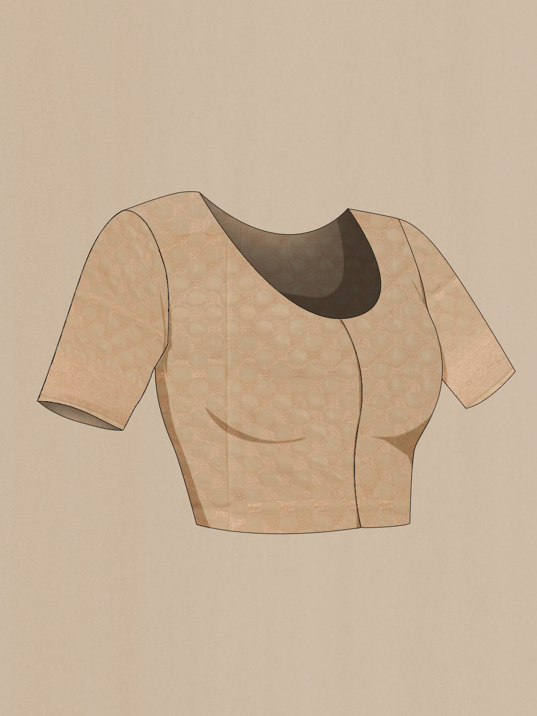 Close up image of the blouse of Beige Banarasi Silk Saree with Zari Brocade on the body and Zari Border. 