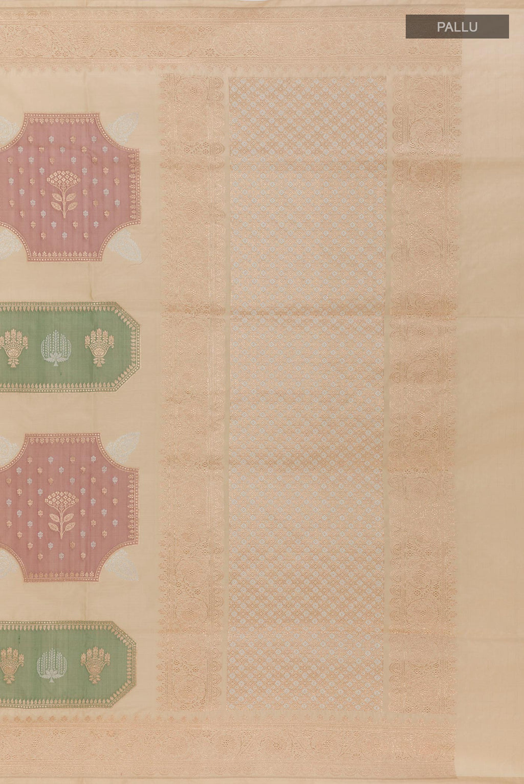 Close up image of the pallu of Beige Banarasi Silk Saree with Zari Brocade on the body and Zari Border. 