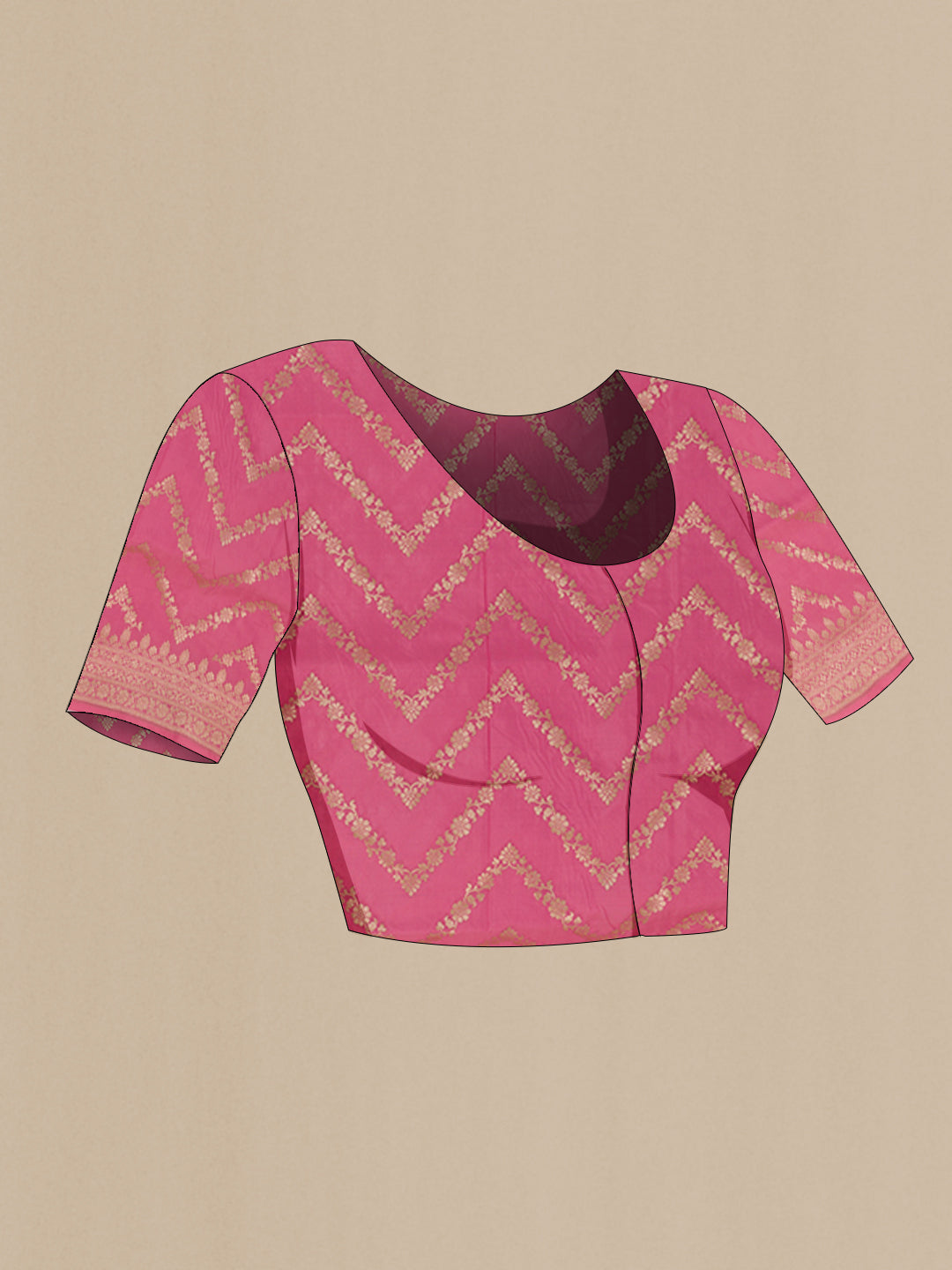 Close up image of the blouse of Pink Banarasi Silk Saree with Zari Butta on the body and Zari Border. 