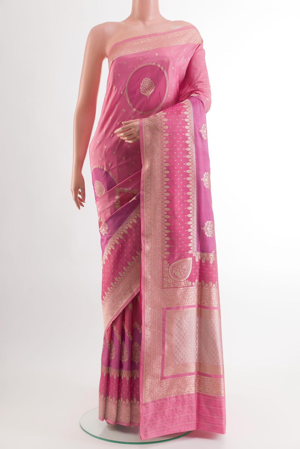 Pink Banarasi Silk Saree with Zari Butta on the body and Zari Border.  displayed on a mannequin