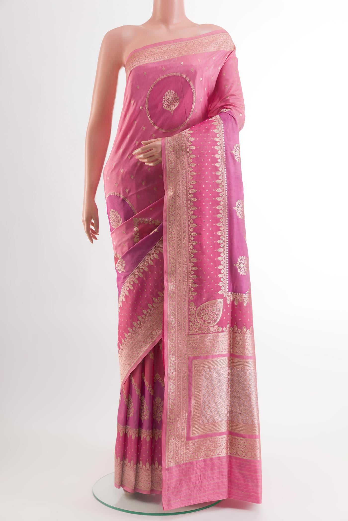 Pink Banarasi Silk Saree with Zari Butta on the body and Zari Border.  displayed on a mannequin