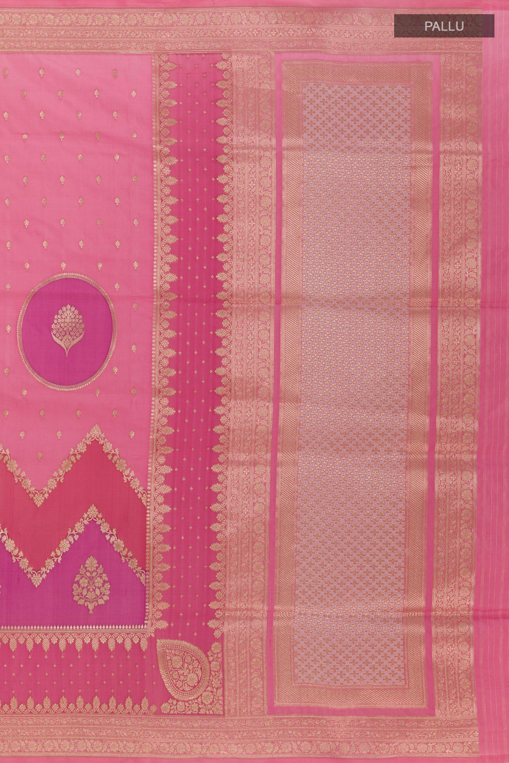 Close up image of the pallu of Pink Banarasi Silk Saree with Zari Butta on the body and Zari Border. 