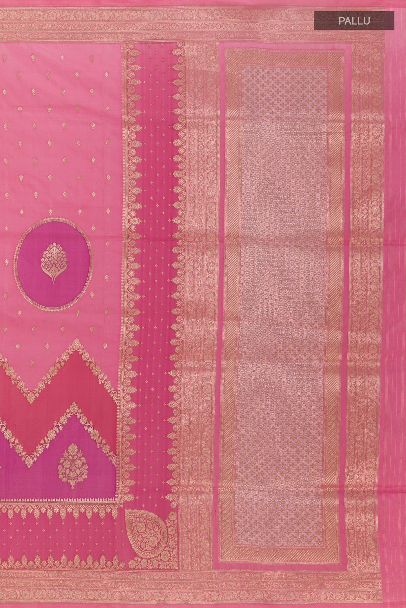 Close up image of the pallu of Pink Banarasi Silk Saree with Zari Butta on the body and Zari Border. 