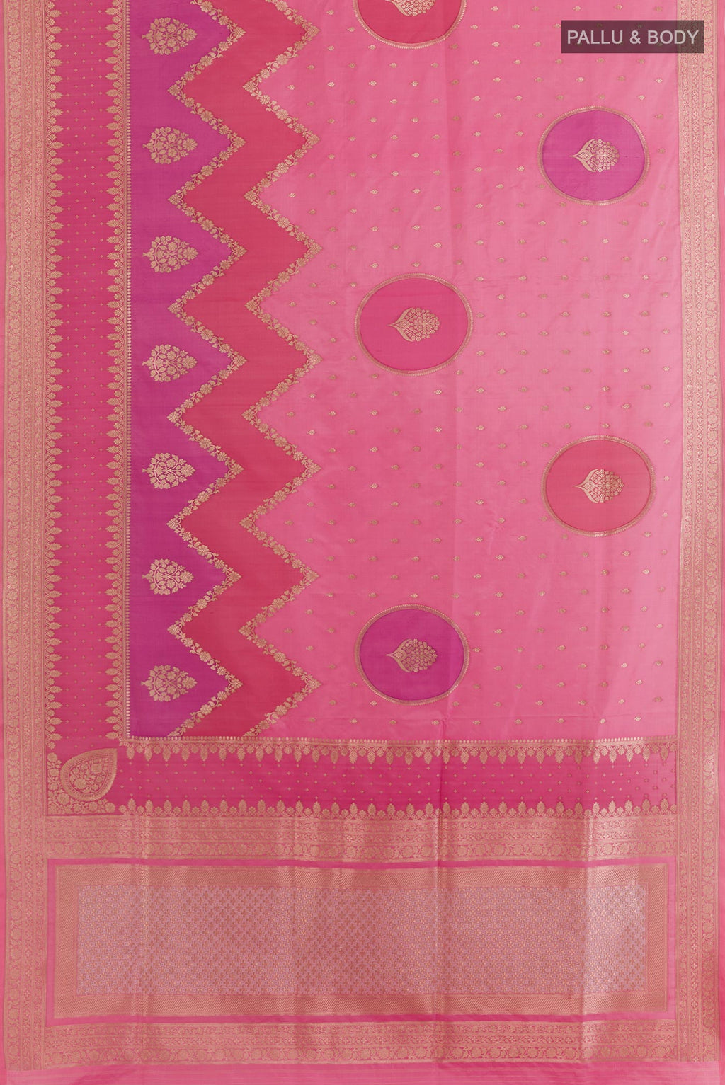 Flat view of Pink Banarasi Silk Saree with Zari Butta on the body and Zari Border. 