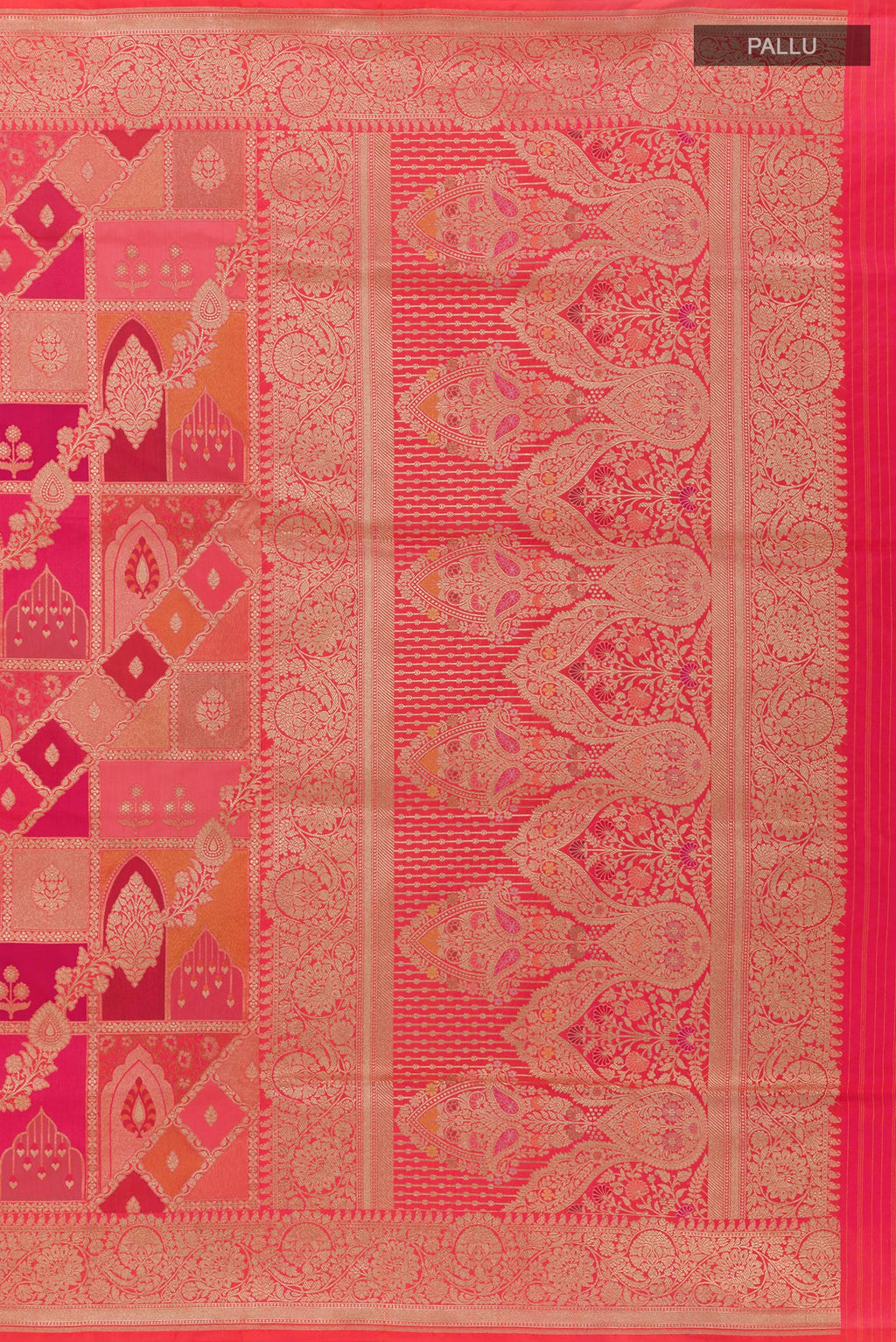 Close up image of the pallu of Coral Banarasi Silk Saree with Zari Brocade on the body and Zari Border. 