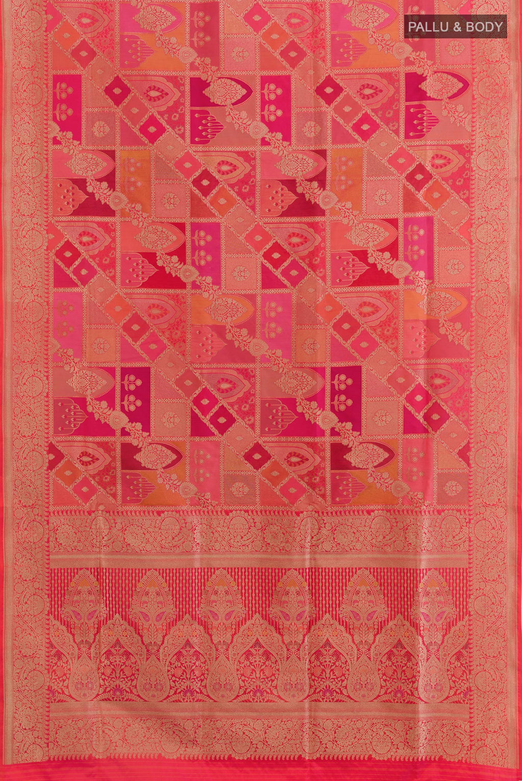 Flat view of Coral Banarasi Silk Saree with Zari Brocade on the body and Zari Border. 
