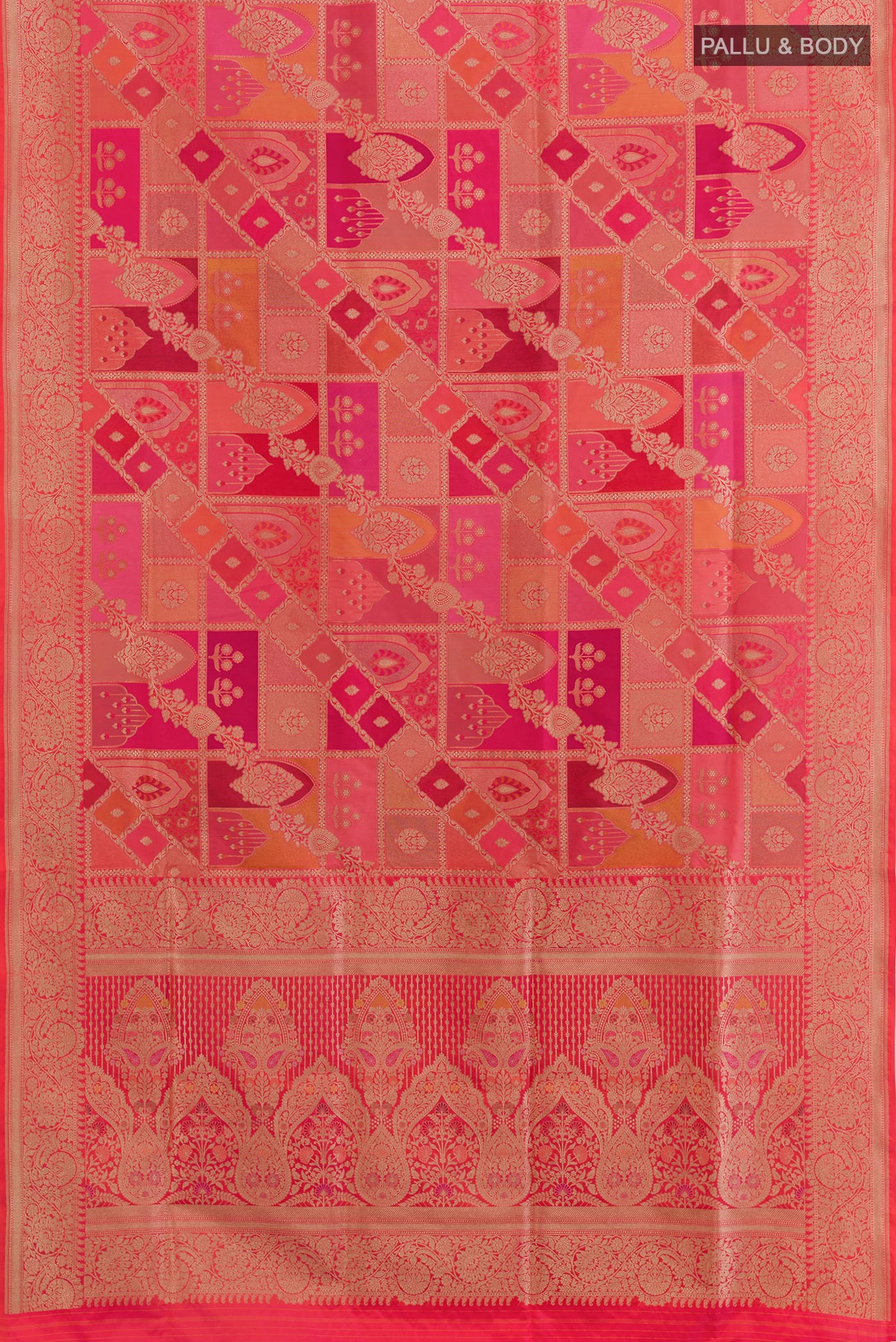 Flat view of Coral Banarasi Silk Saree with Zari Brocade on the body and Zari Border. 