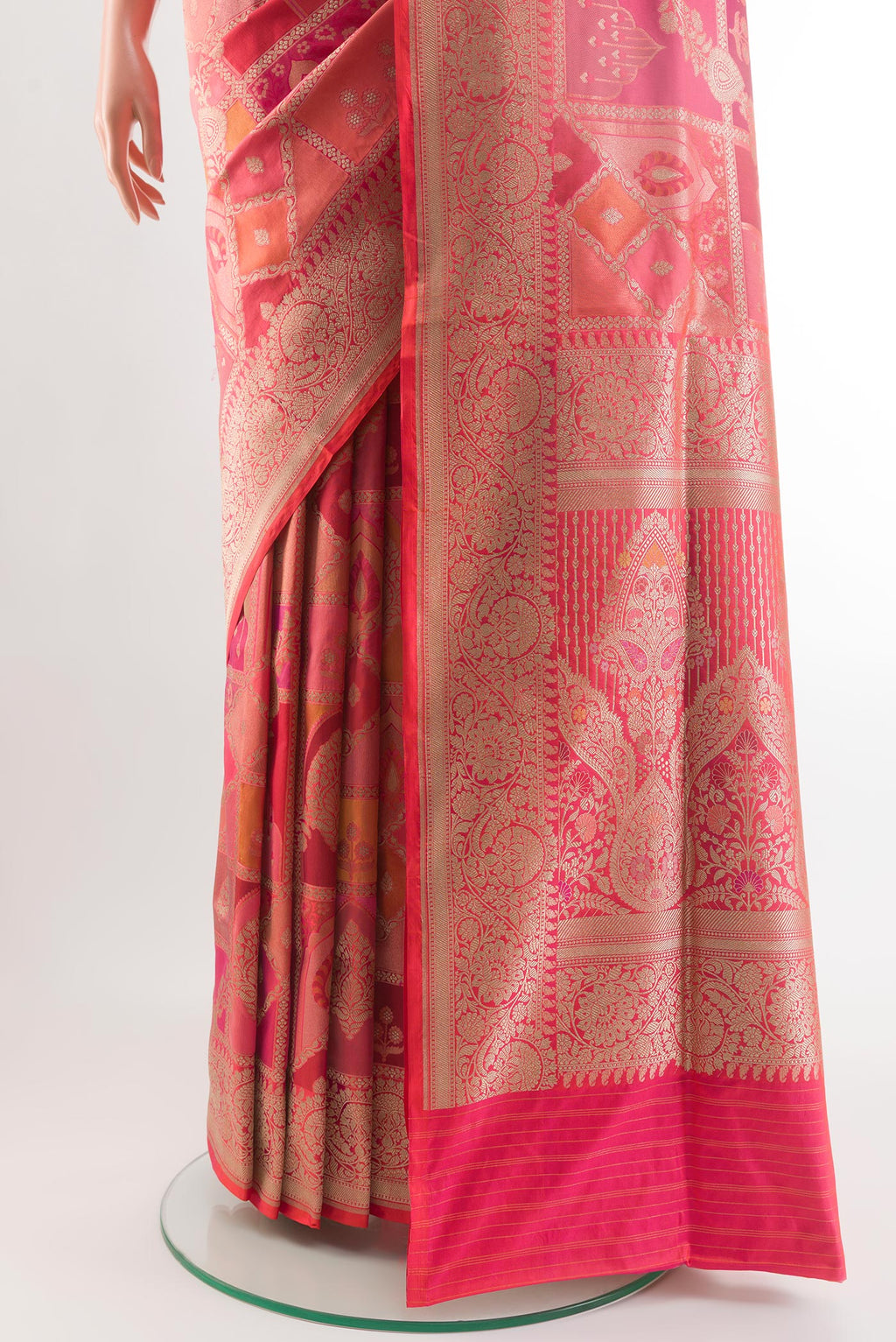 Pleats and pallu of Coral Banarasi Silk Saree with Zari Brocade on the body and Zari Border. 