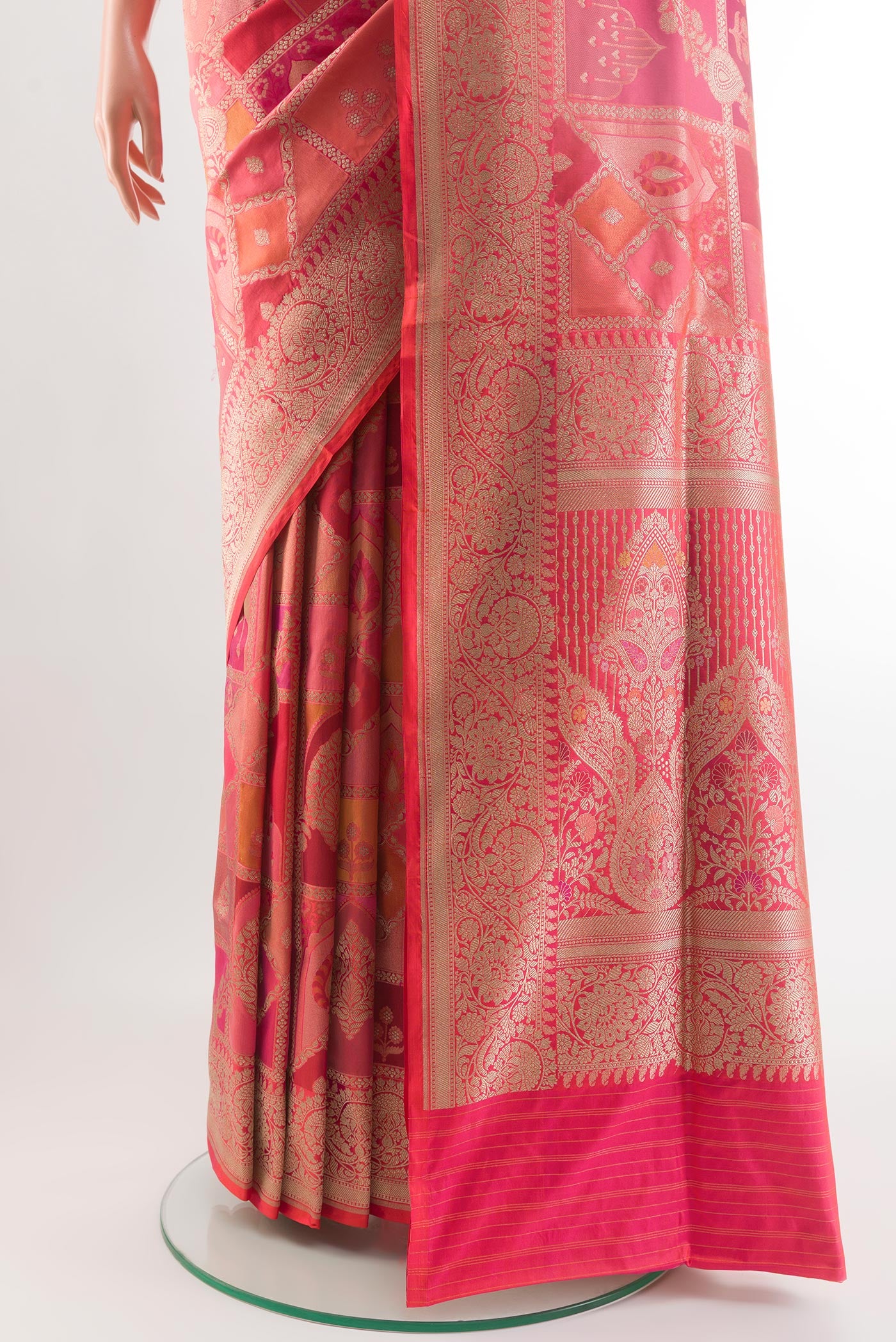 Pleats and pallu of Coral Banarasi Silk Saree with Zari Brocade on the body and Zari Border. 