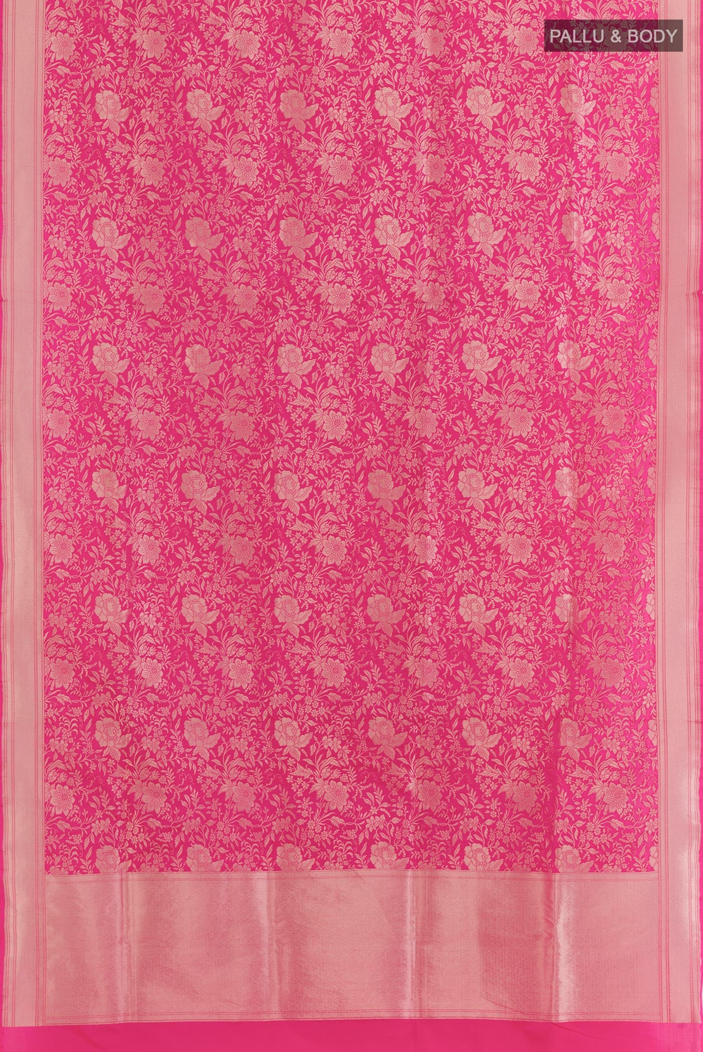 Flat view of Pink Banarasi Silk Saree with Zari Brocade on the body and Zari Border. 