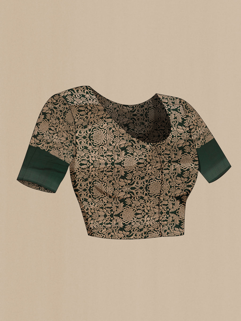 Close up image of the blouse of Bottle Green Banarasi Silk Saree with Zari Brocade on the body and Zari Border. 