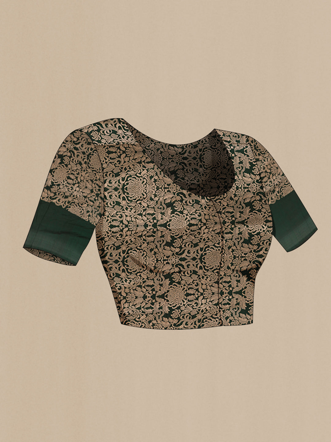 Close up image of the blouse of Bottle Green Banarasi Silk Saree with Zari Brocade on the body and Zari Border. 