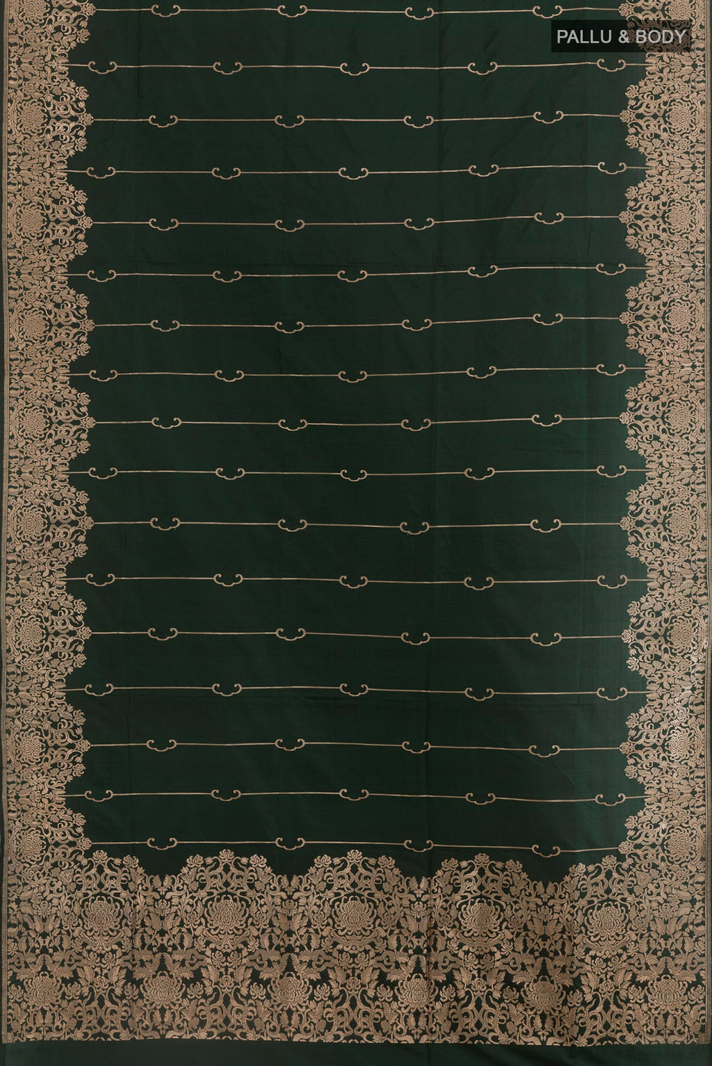 Flat view of Bottle Green Banarasi Silk Saree with Zari Brocade on the body and Zari Border. 