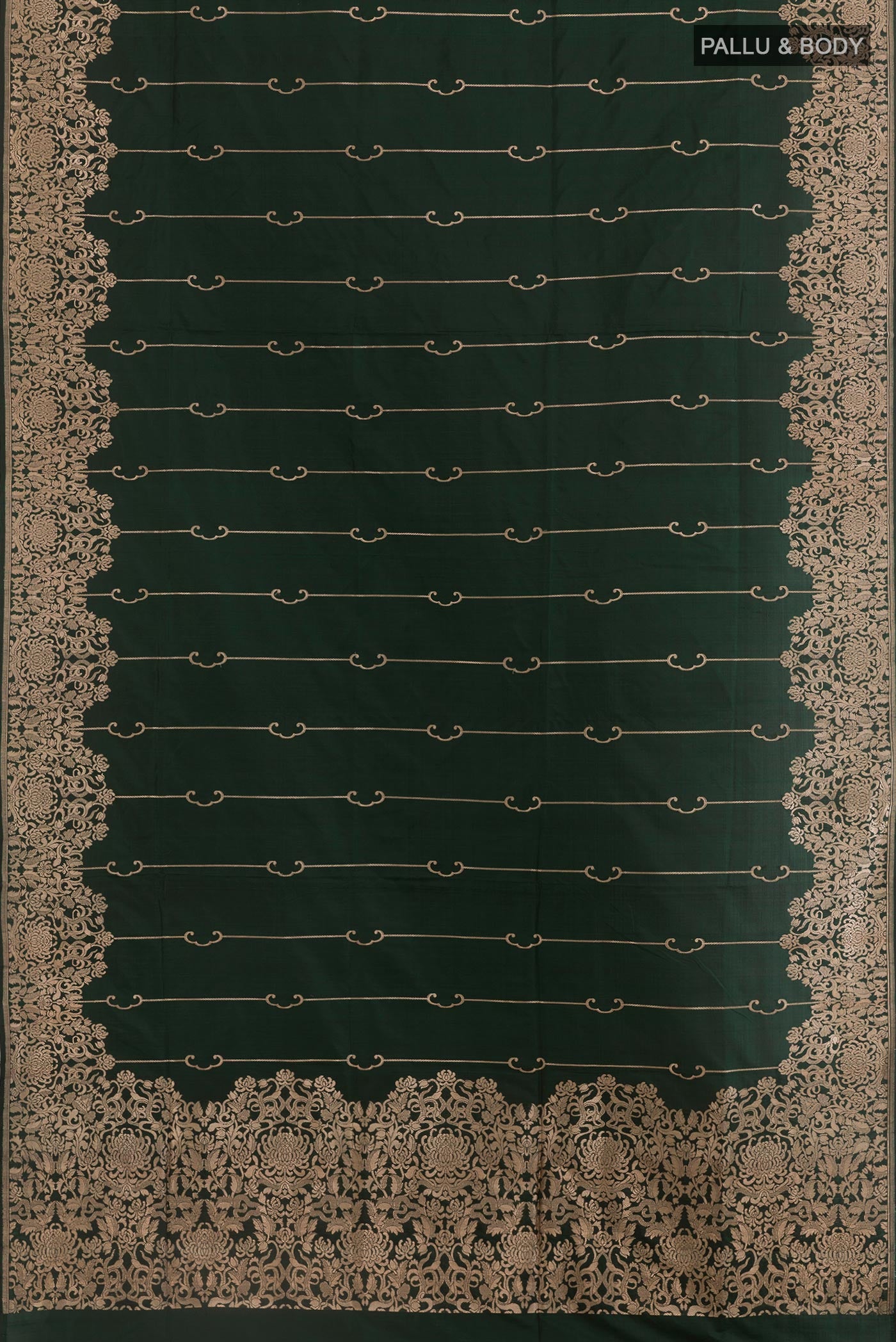 Flat view of Bottle Green Banarasi Silk Saree with Zari Brocade on the body and Zari Border. 