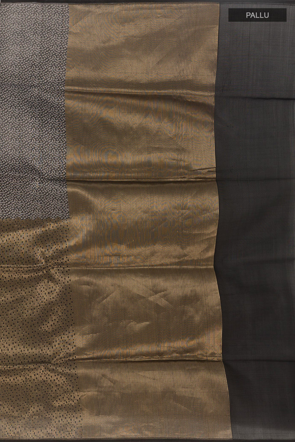 Close up image of the pallu of Black Banarasi Silk Saree with Zari Brocade on the body and Without Border. 