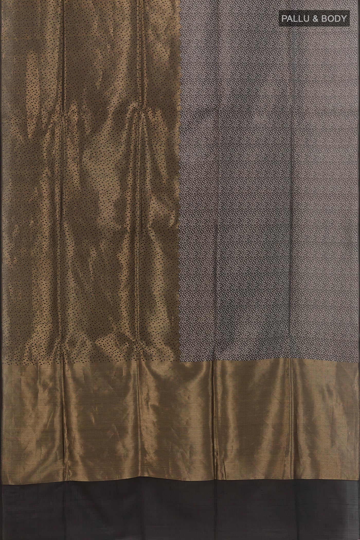 Flat view of Black Banarasi Silk Saree with Zari Brocade on the body and Without Border. 