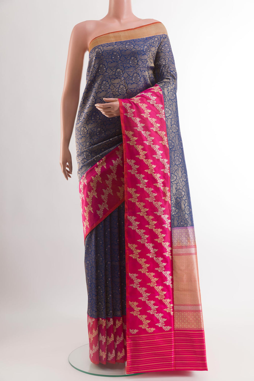 Dark Blue Banarasi Silk Saree with Zari Brocade on the body and Fancy Border.  displayed on a mannequin