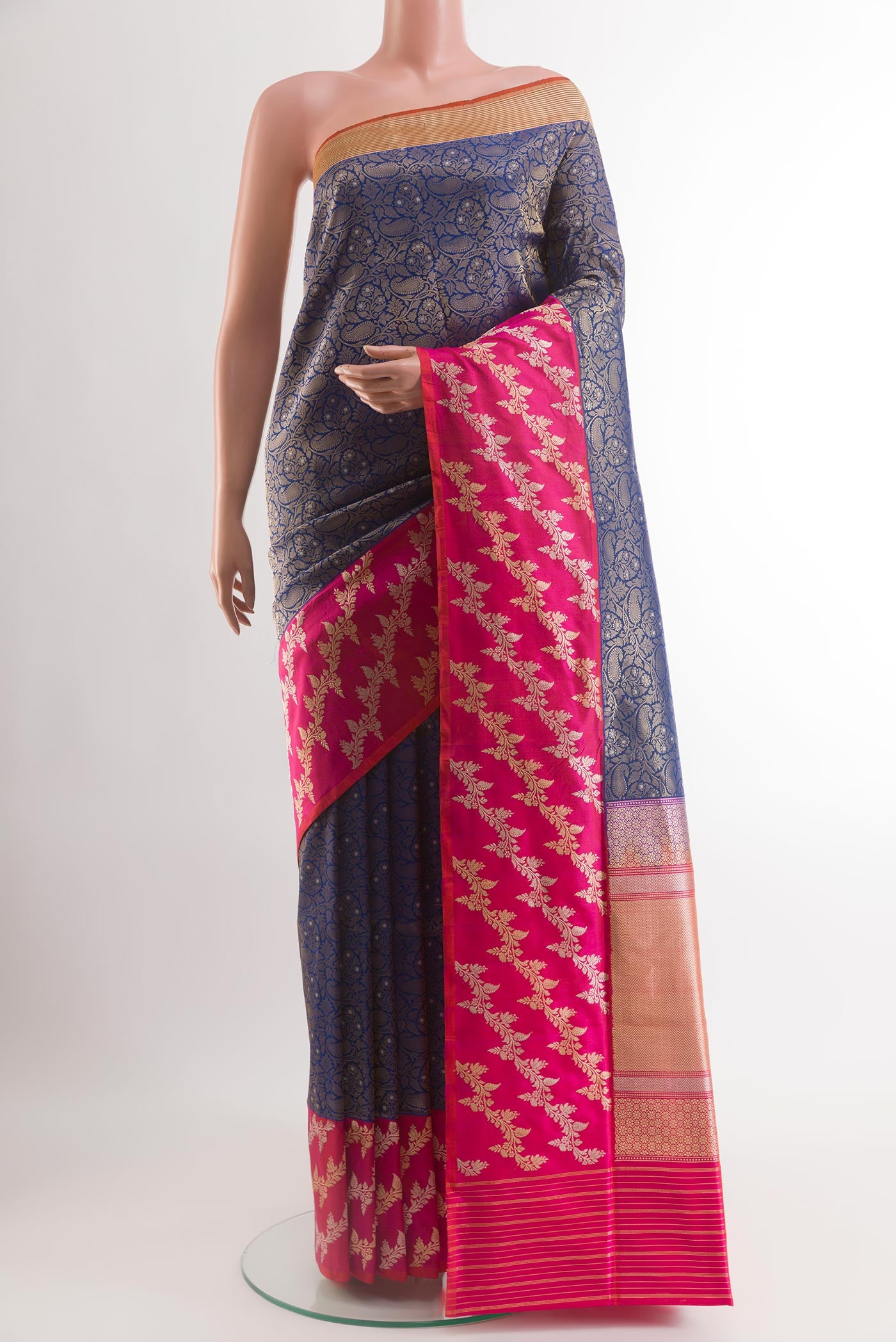 Dark Blue Banarasi Silk Saree with Zari Brocade on the body and Fancy Border.  displayed on a mannequin