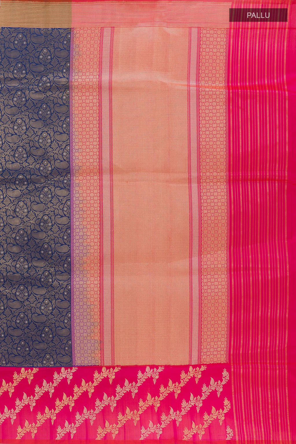 Close up image of the pallu of Dark Blue Banarasi Silk Saree with Zari Brocade on the body and Fancy Border. 