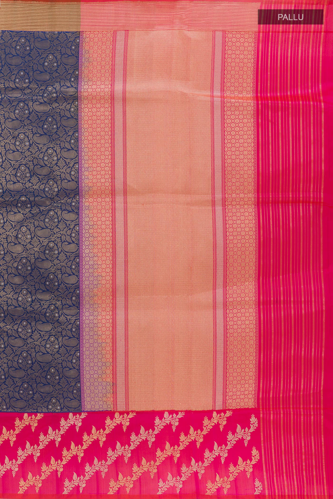 Close up image of the pallu of Dark Blue Banarasi Silk Saree with Zari Brocade on the body and Fancy Border. 