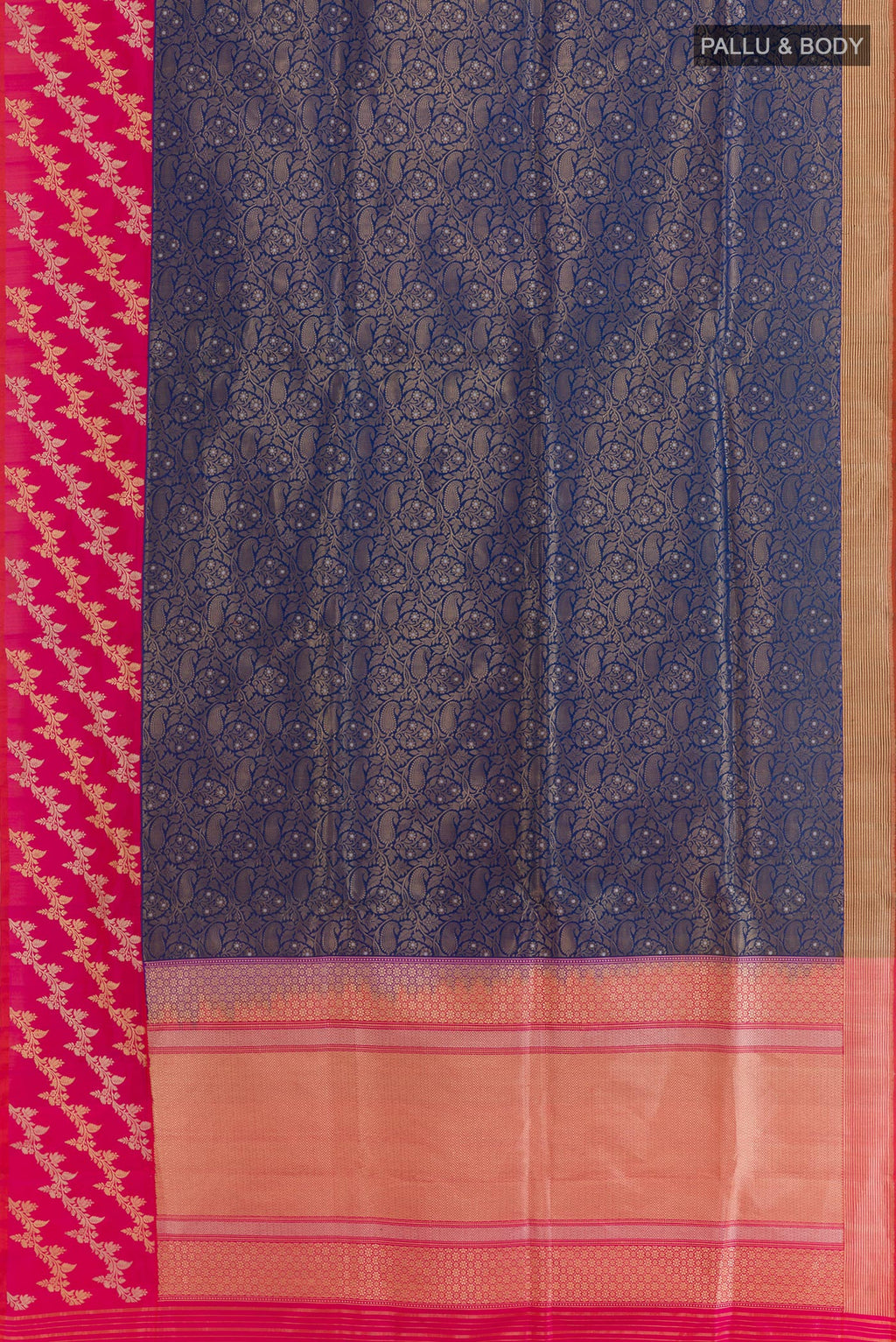Flat view of Dark Blue Banarasi Silk Saree with Zari Brocade on the body and Fancy Border. 