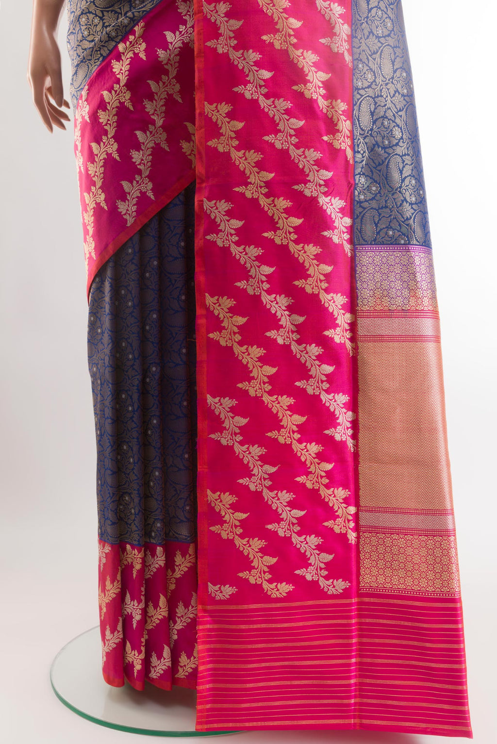 Pleats and pallu of Dark Blue Banarasi Silk Saree with Zari Brocade on the body and Fancy Border. 