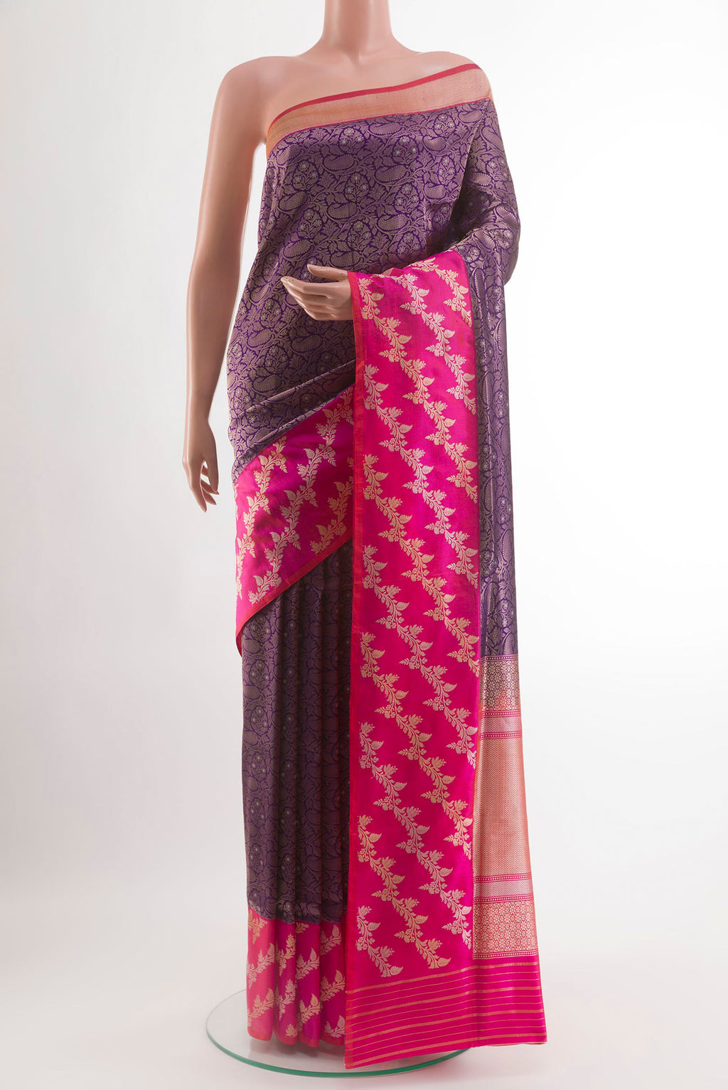 Purple Banarasi Silk Saree with Zari Brocade on the body and Zari Border.  displayed on a mannequin